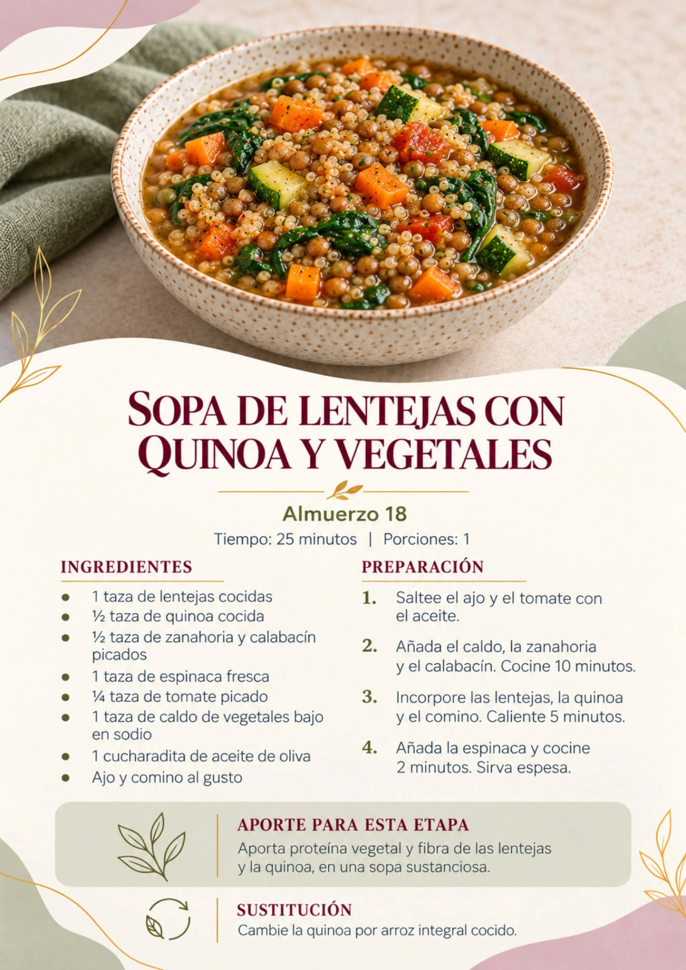 Página interior de la receta de sopa de lentejas con quinoa y vegetales, con ingredientes y preparación.