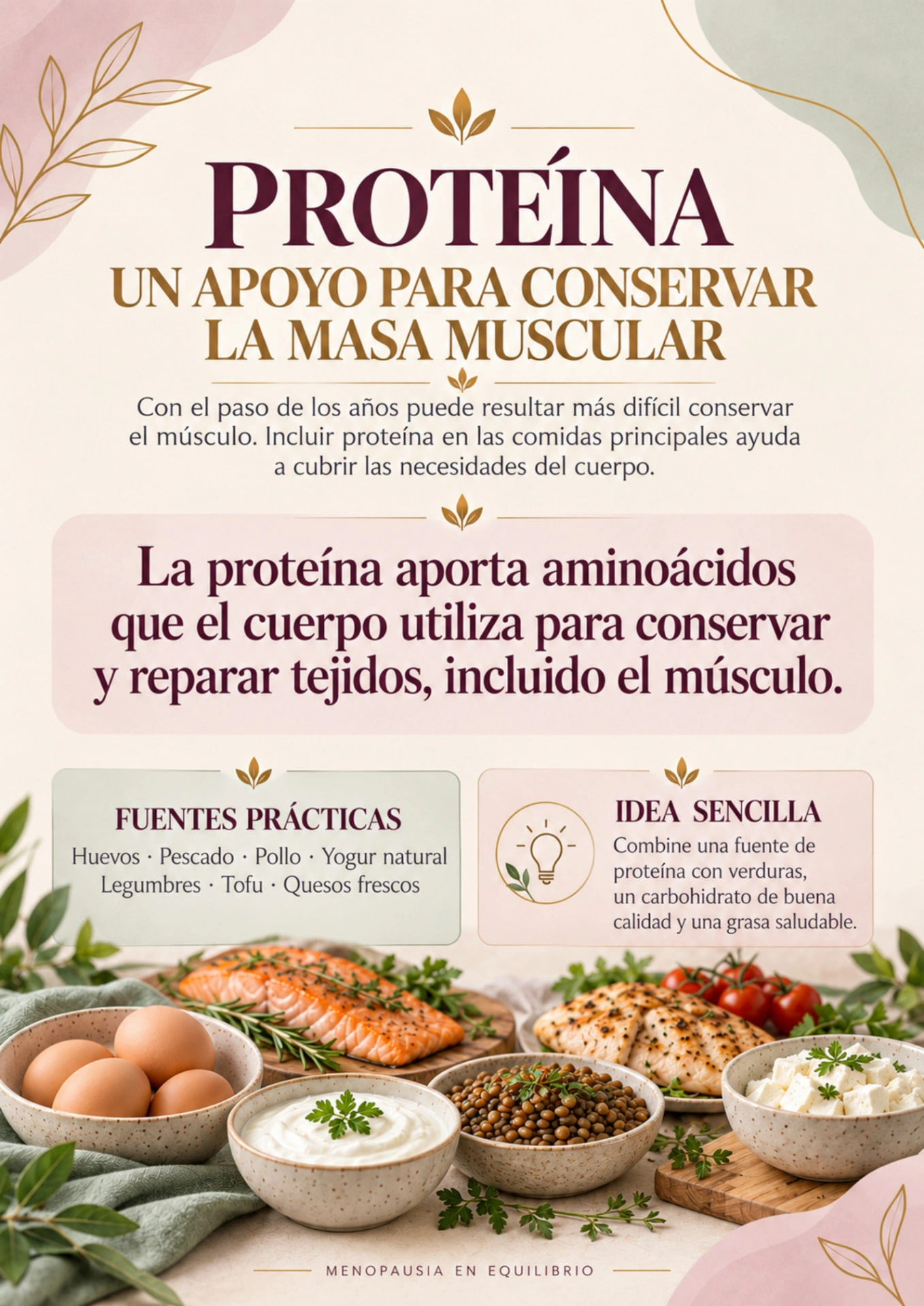 Página interior sobre proteínas, con orientación para su alimentación y fuentes prácticas de proteína.