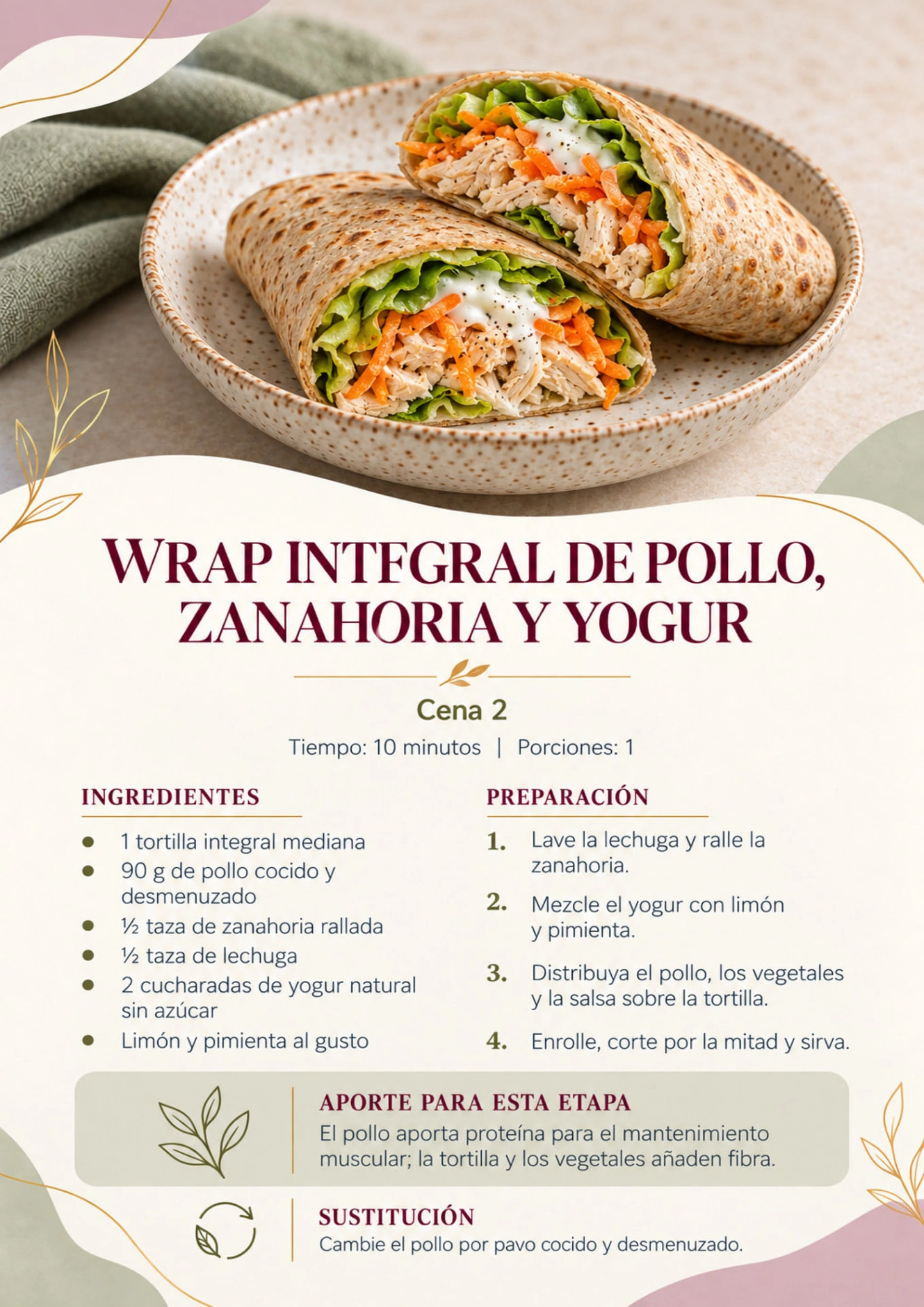 Página interior de la receta de wrap integral de pollo, zanahoria y yogur, con ingredientes y preparación.